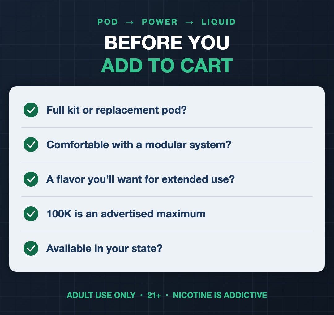 Checklist to review before buying the iJoy XP100K: full kit or pod, modular system, flavor, advertised puffs and state availability