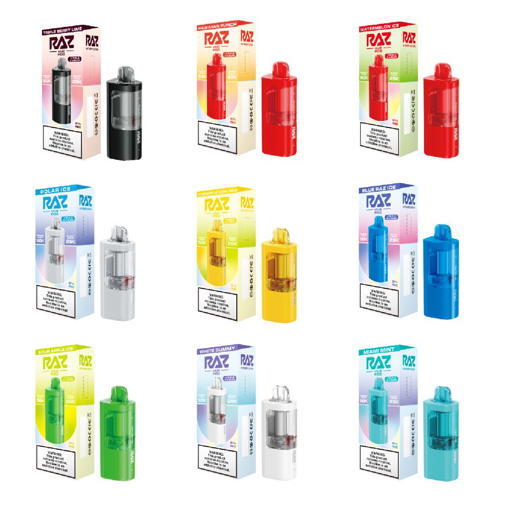 Raz Vue Disposable Pod group photo with packaging