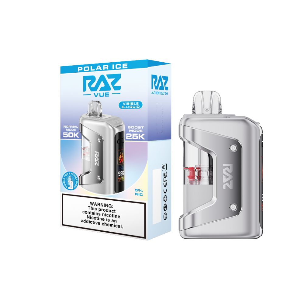 Raz Vue Disposable+ Power Dock polar ice with packaging