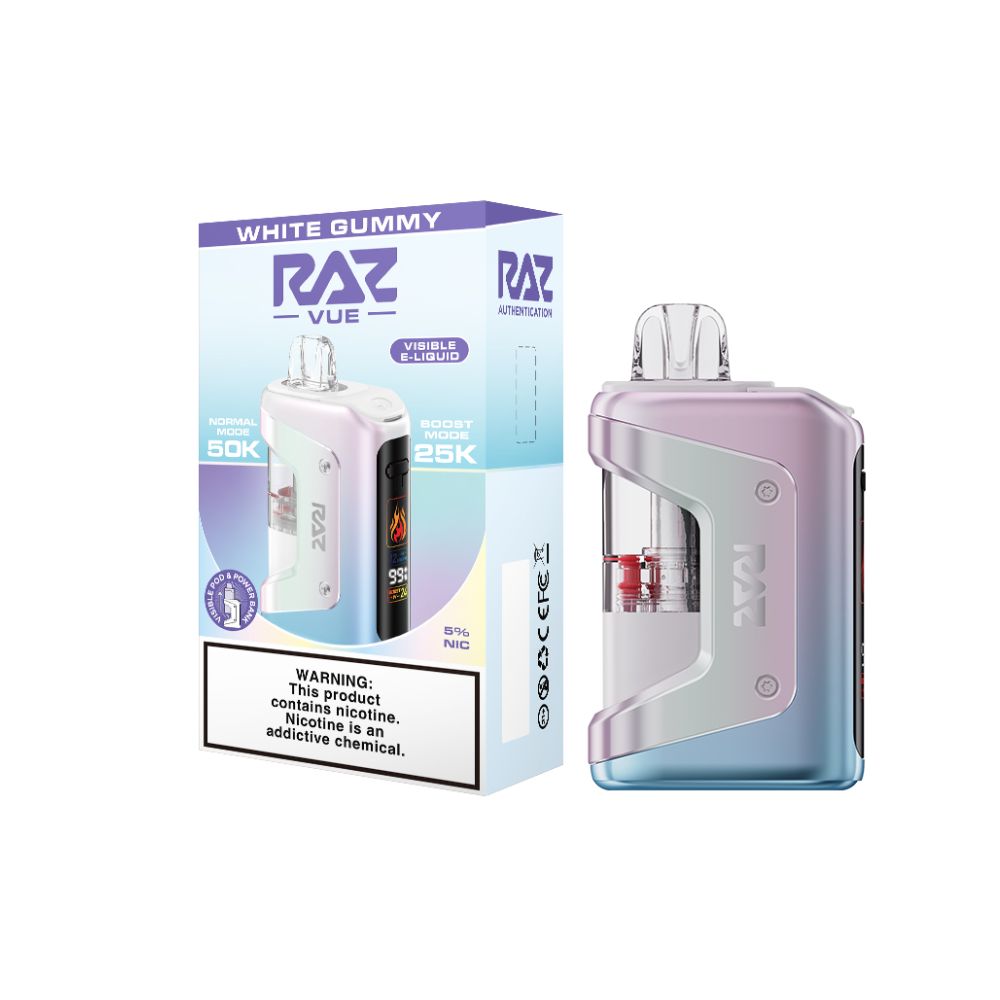 Raz Vue Disposable+ Power Dock white gummy with packaging