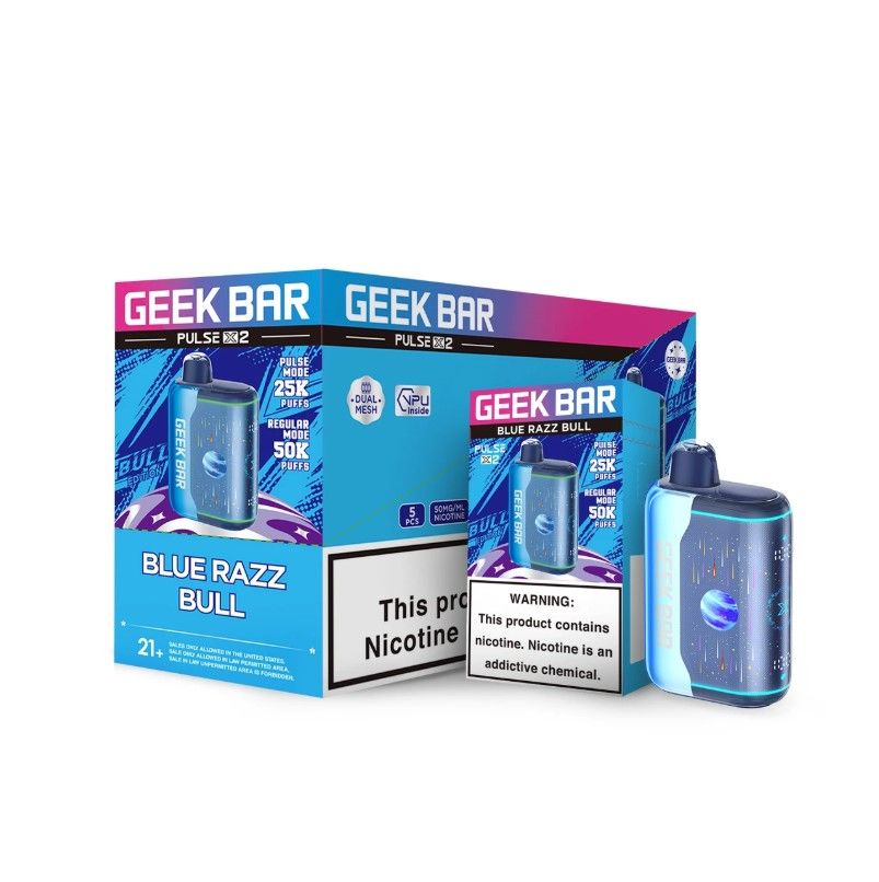 Geek Bar Pulse X2 Disposable blue razz bull with packaging
