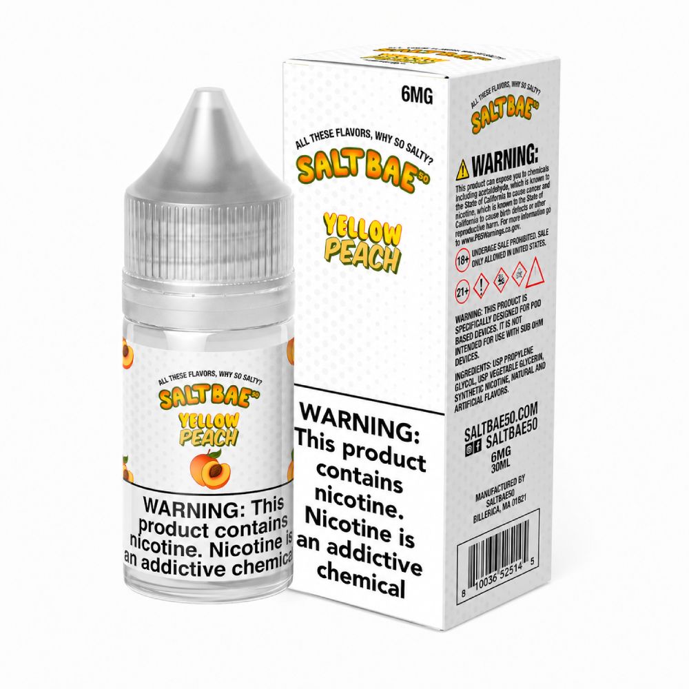 Yellow Peach Salt Bae 50 Salts 30mL 6mg with packaging