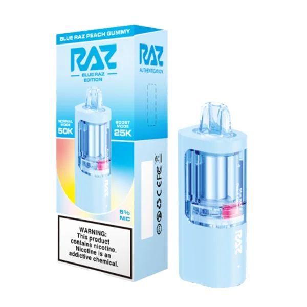 Raz Vue Disposable Pod blue raz peach gummy with packaging