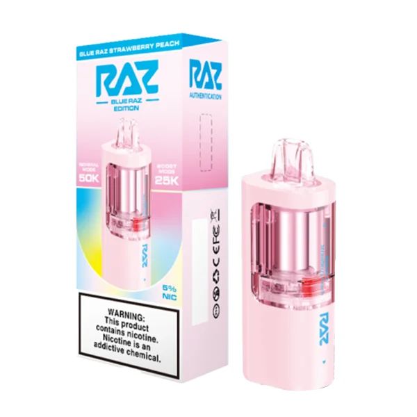 Raz Vue Disposable Pod blue raz strawberry peach with packaging
