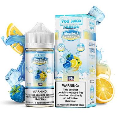 Pod Juice TFN Series 100mL - Blue Razz Lemonade Freeze with Packaging and background