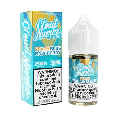 Peach Blue Raspberry Iced Cloud Nurdz TFN Salts 30mL with packaging