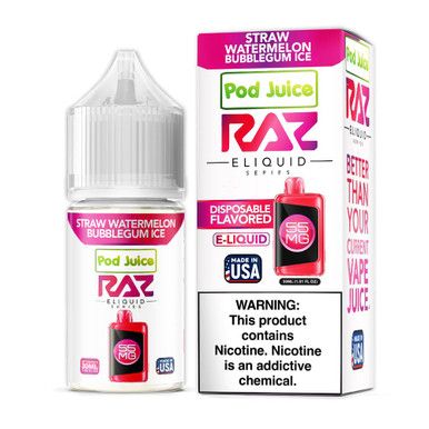Straw Watermelon Bubblegum Ice Pod Juice x RAZ Salts 30ml with Packaging