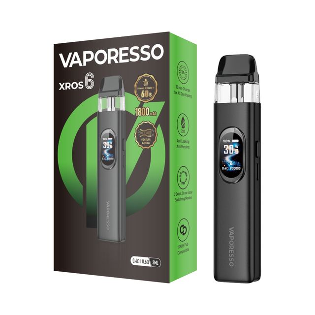Vaporesso XROS 6 pod system with screen next to its retail box, available at Vapor Empire