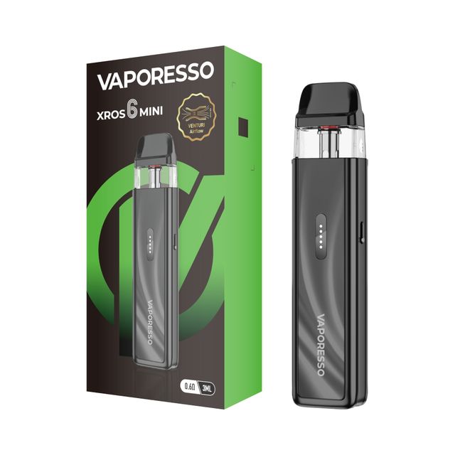 Vaporesso XROS 6 Mini pod system next to its retail box, available at Vapor Empire